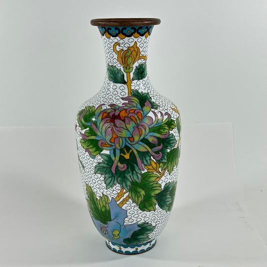 Vintage Chinese Cloisonné Vase chrysanthemum motif 12”