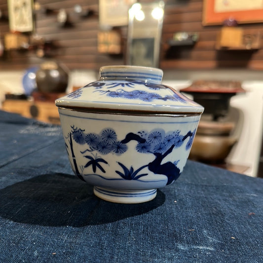 Antique Japanese c 1900 Ceramic Blue & White Lidded Bowl 4.5"