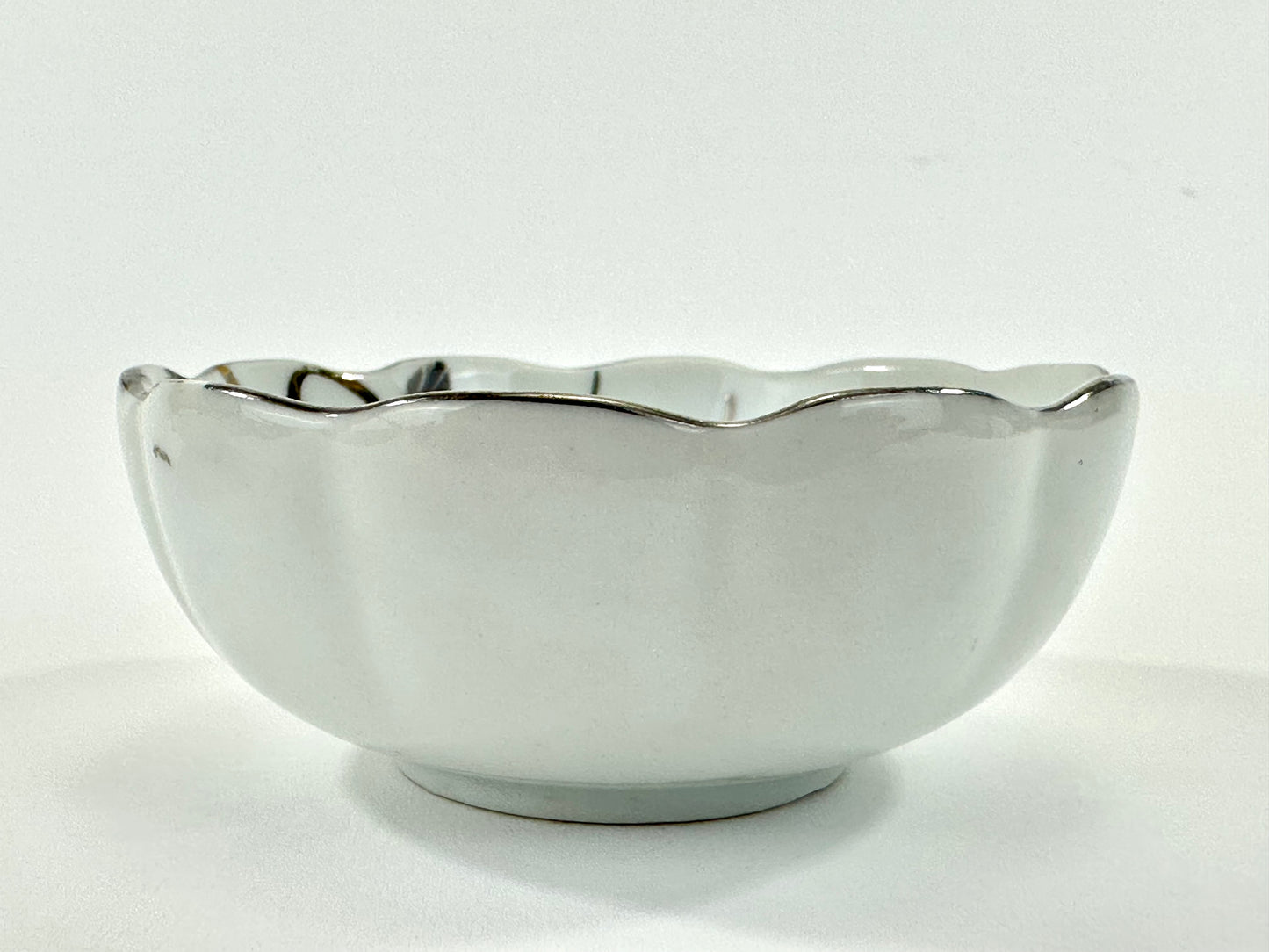 Vintage Japanese Porcelain Cup with Persimmon Motif Silver-Rimmed 3″