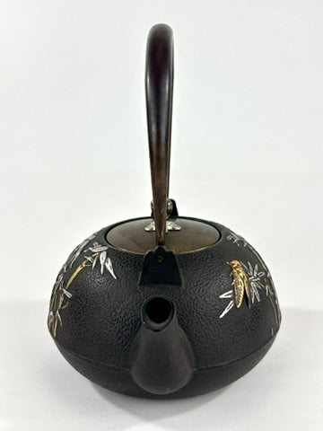 Vintage Japanese Cast Iron Tetsubin Bamboo Cicada Gold Silver Brass Lid Showa 8"W LS#149