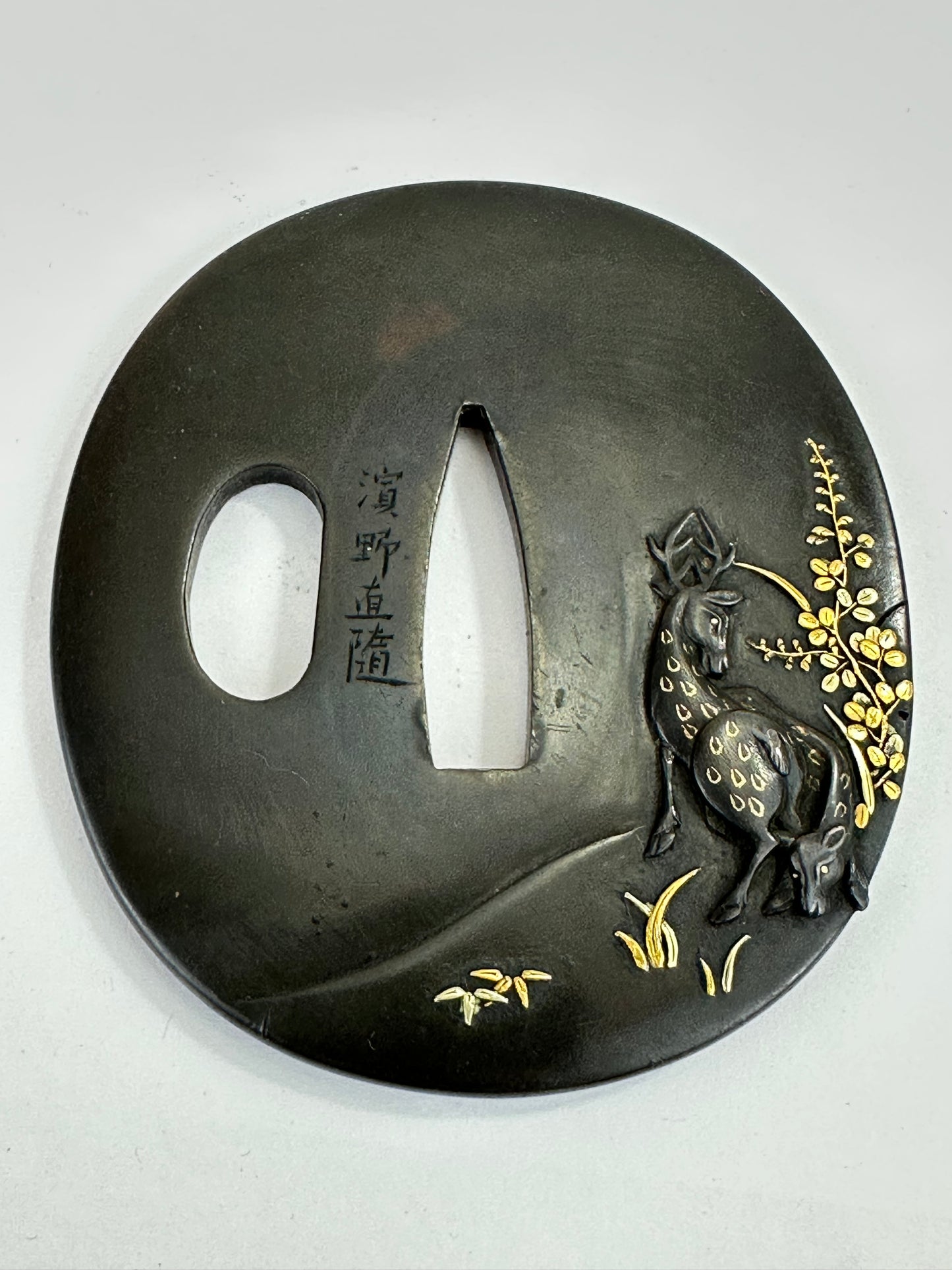 Antique Japanese Bronze Samurai Tsuba by Hamano (b1754) Deer Motif Gold Inlay 68mm