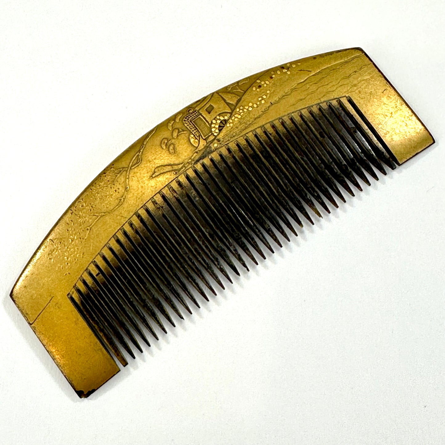 Antique Japanese Geisha Comb Kushi Hairpiece Kanzashi Gold Makie Panenquin Cart 3"