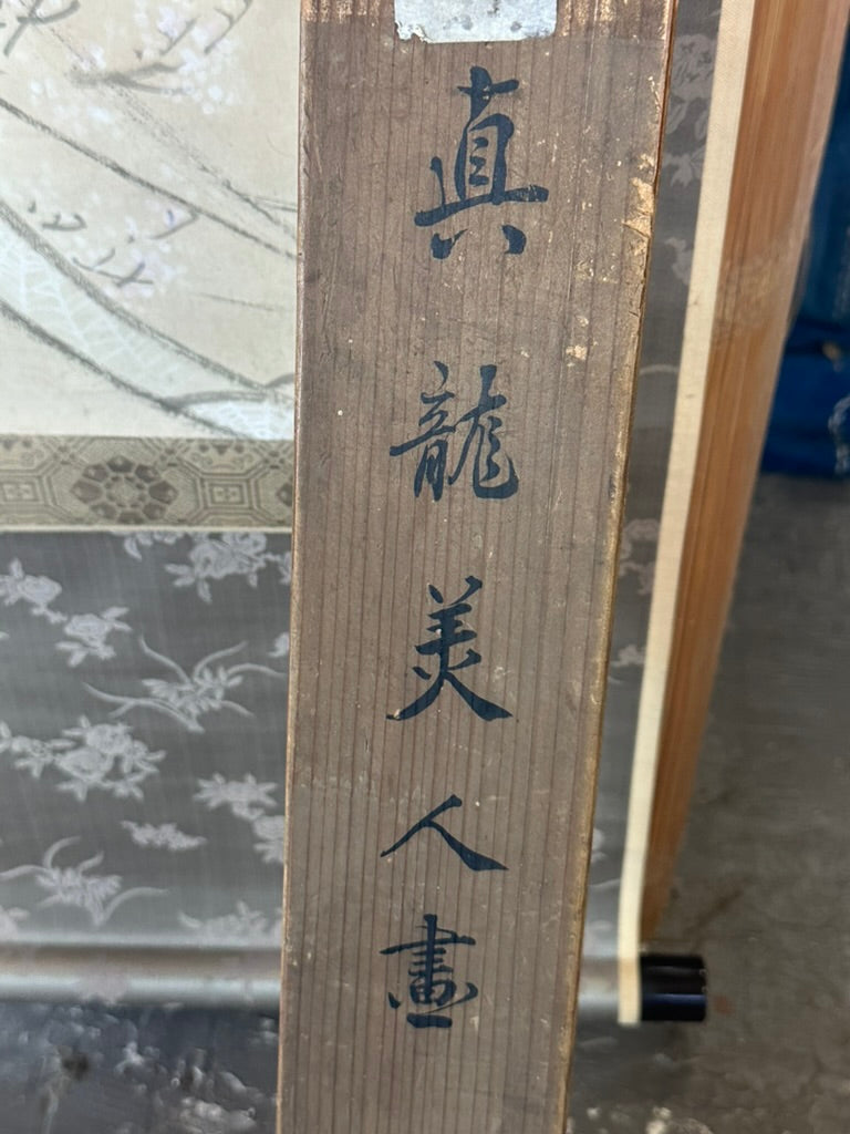 Antique Japanese Kakejiku Bijin-ga Beauty Spider Web Kimono Meiji Taisho Scroll 72"L