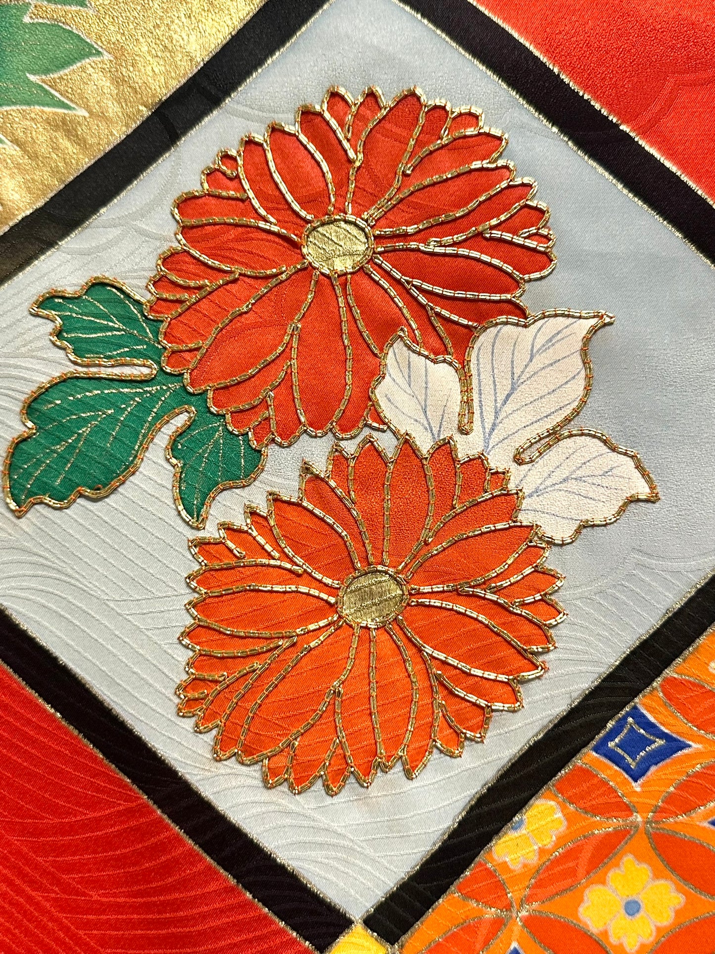 Vintage Japanese Silk Rinzu Kimono Hishi Diamond Floral Panels Showa Furisode