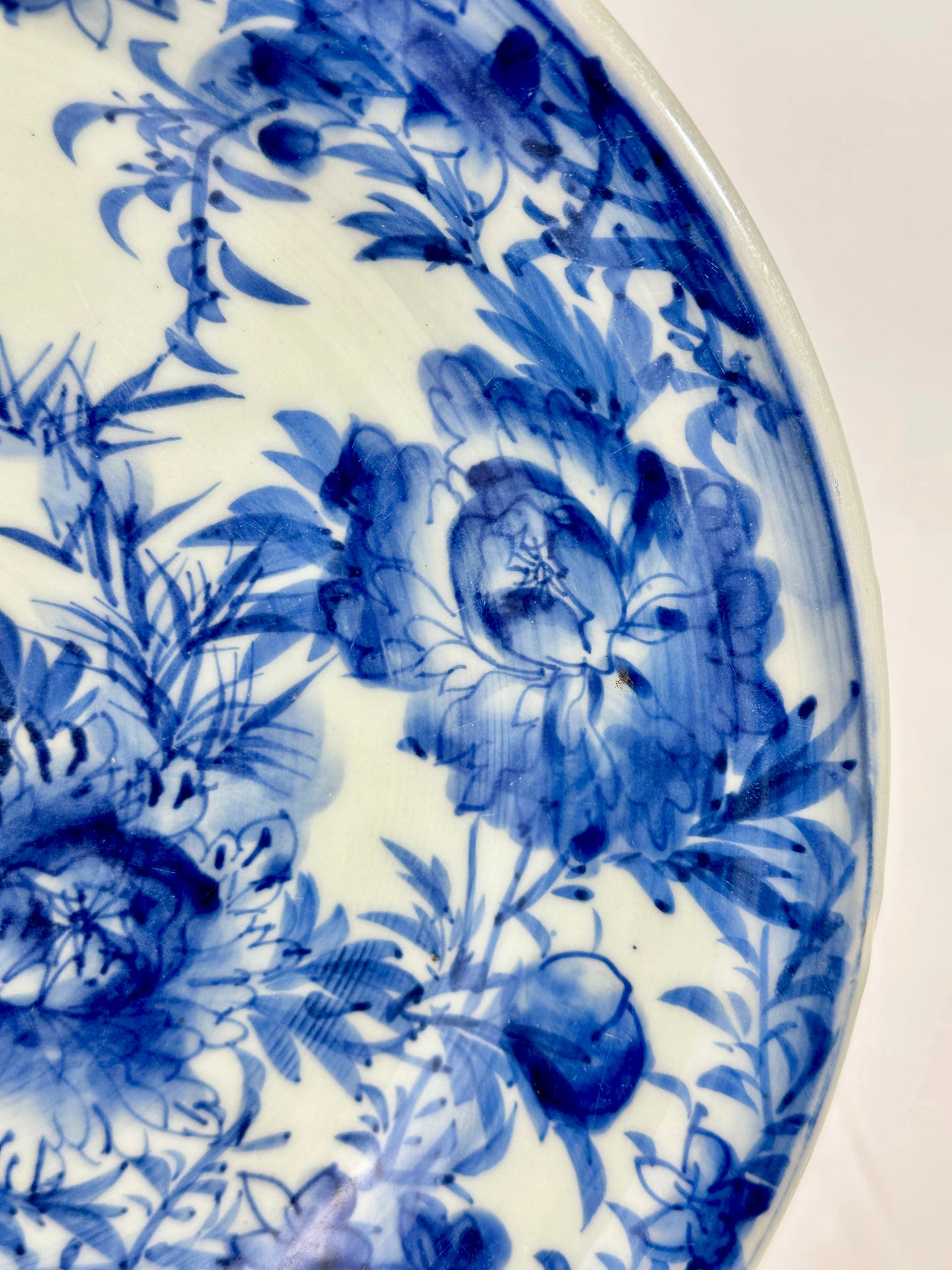 Antique Japanese Late Edo Period Imari Blue & White Porcelain Peony Bowl 12"W