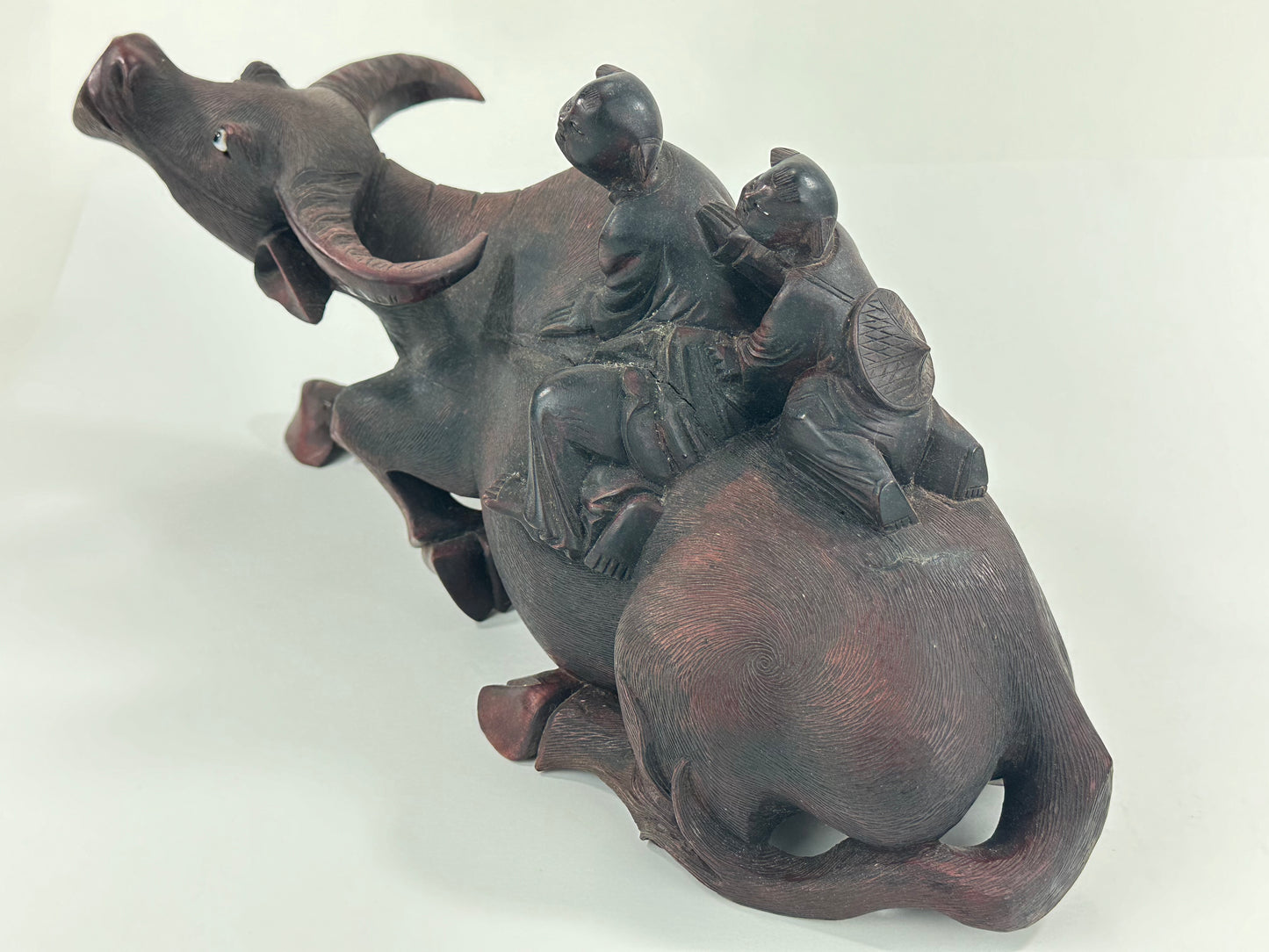Antique Chinese Hand Carved Wooden Sculpture Buffalo & Children 14”