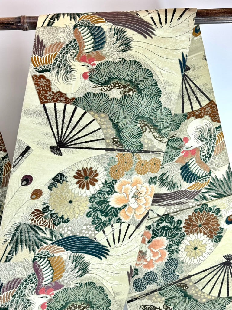 Antique Japanese Silk Maru Obi Taisho Phoenix Fan Chrysanthemum Pine 13'L