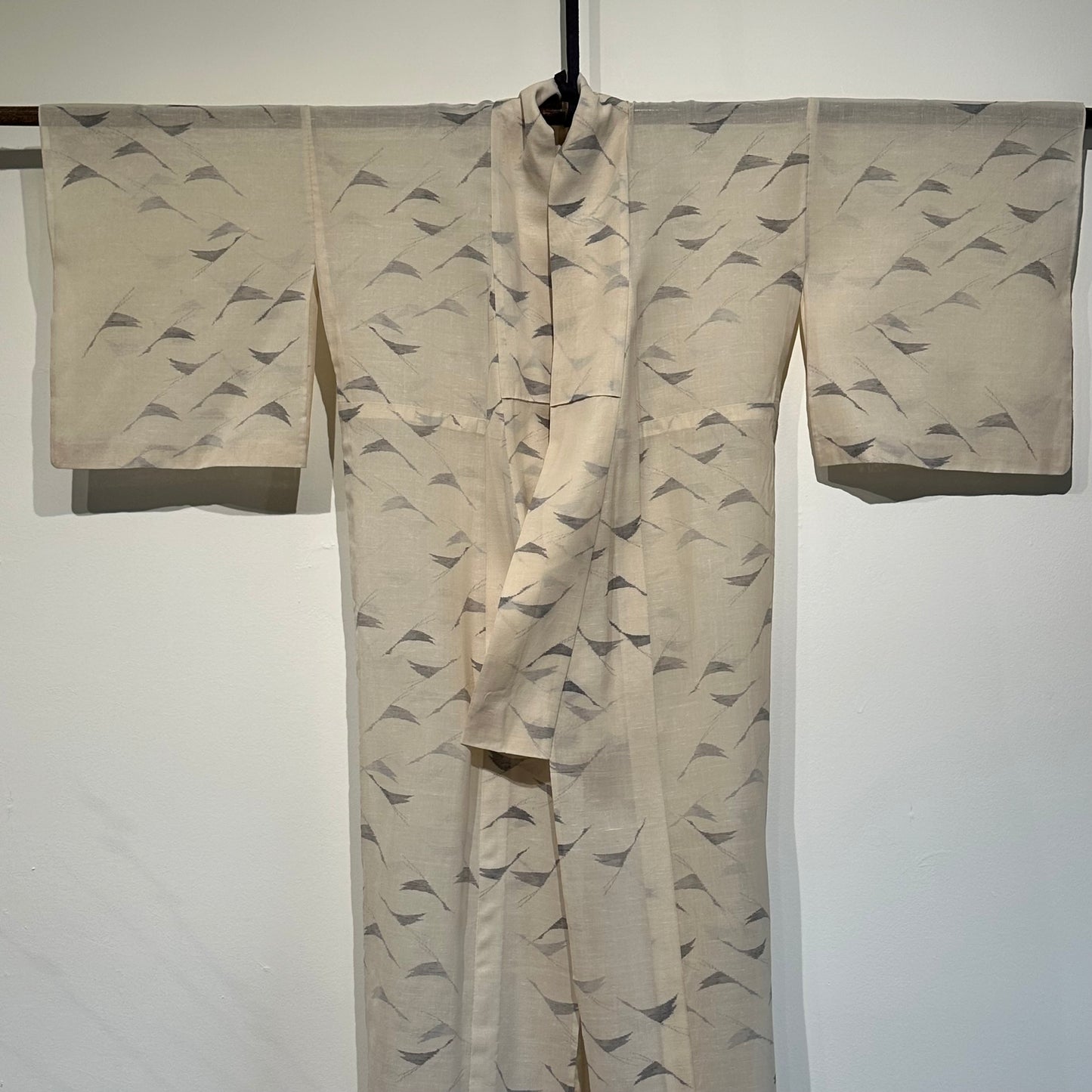 Japanese Tsumugi Silk Summer Kimono Sheer Cream Cranes Hand Spun/Woven