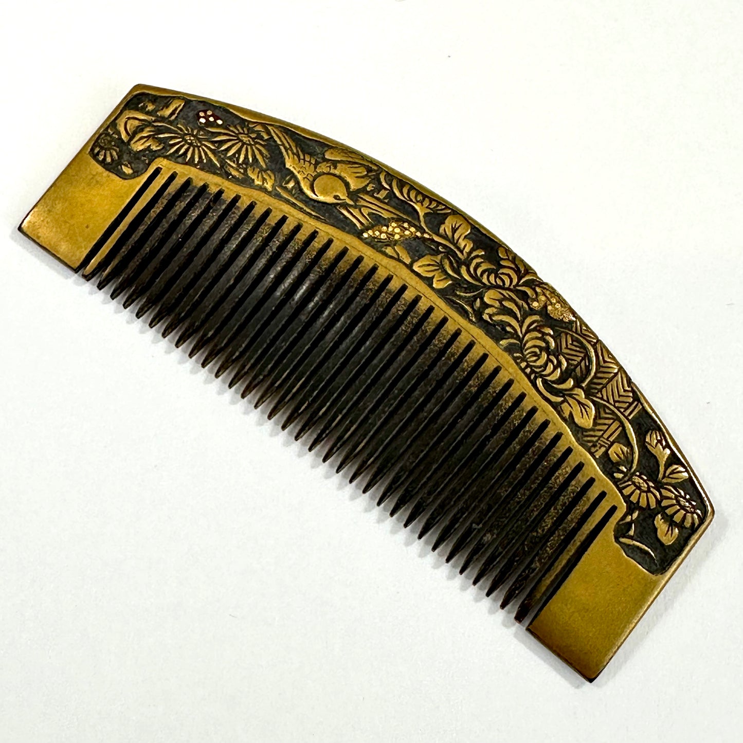 Antique Japanese Geisha Comb Kushi Hairpiece Kanzashi Gold Makie Sparrow & Flowers 3"