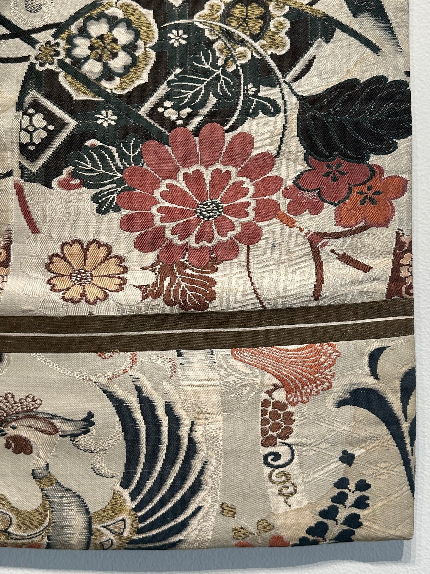 Antique Japanese Silk Maru Obi Green & Pink on White Phoenix & Flowers 13ft