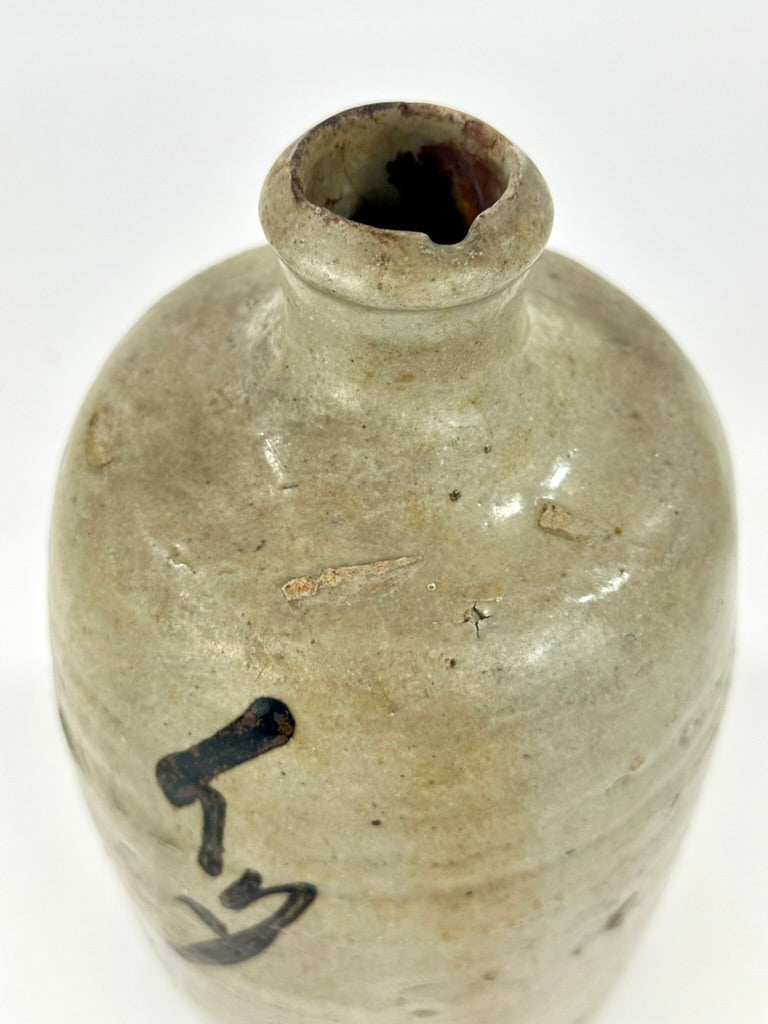 Antique Japanese Edo Period c1800 Grey Glazed Stoneware Tokkuri Sake Jug Iron Black Calligraphy 10"H