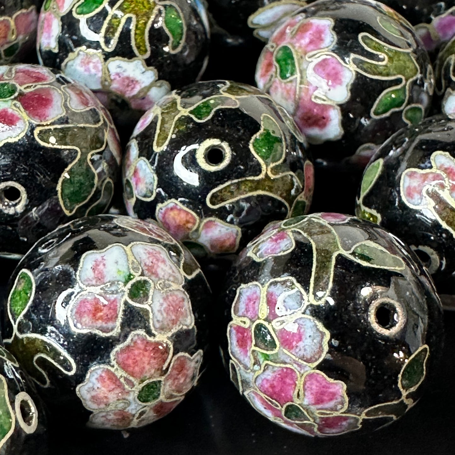 One Vintage Chinese Cloisonne Black Pink Floral Bead 20mm Glass Enamel Jewelry