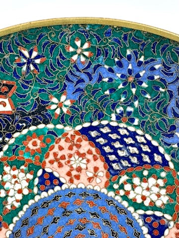 Japanese Meiji Cloisonne Shippo Plate Green Floral Medallion Iris Geometric 7.5"