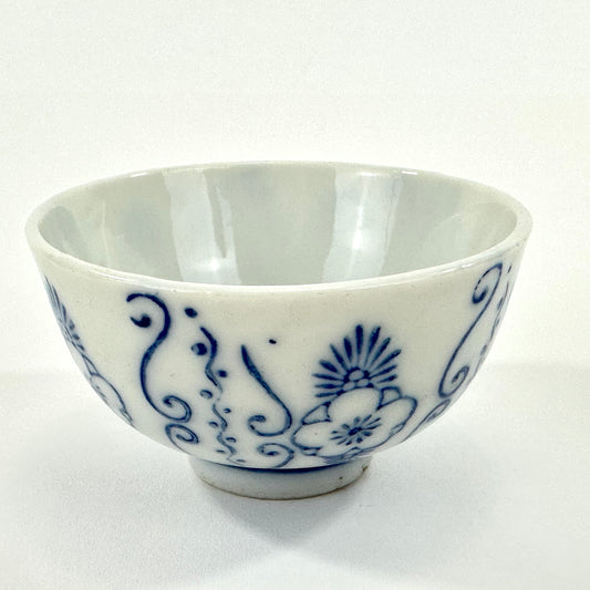 Antique Japanese Porcelain Cup with Blue Floral Pattern 3"