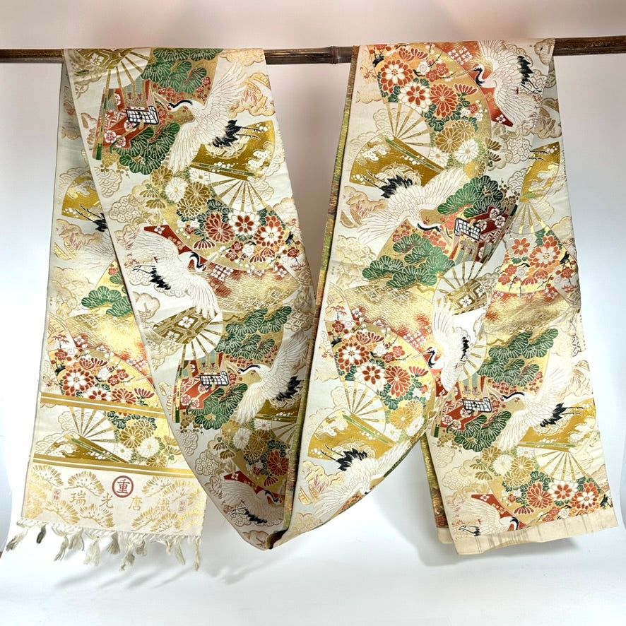 Antique Japanese Silk Maru Obi Gold Brocade Crane Fan Pine Nishijin 13'L