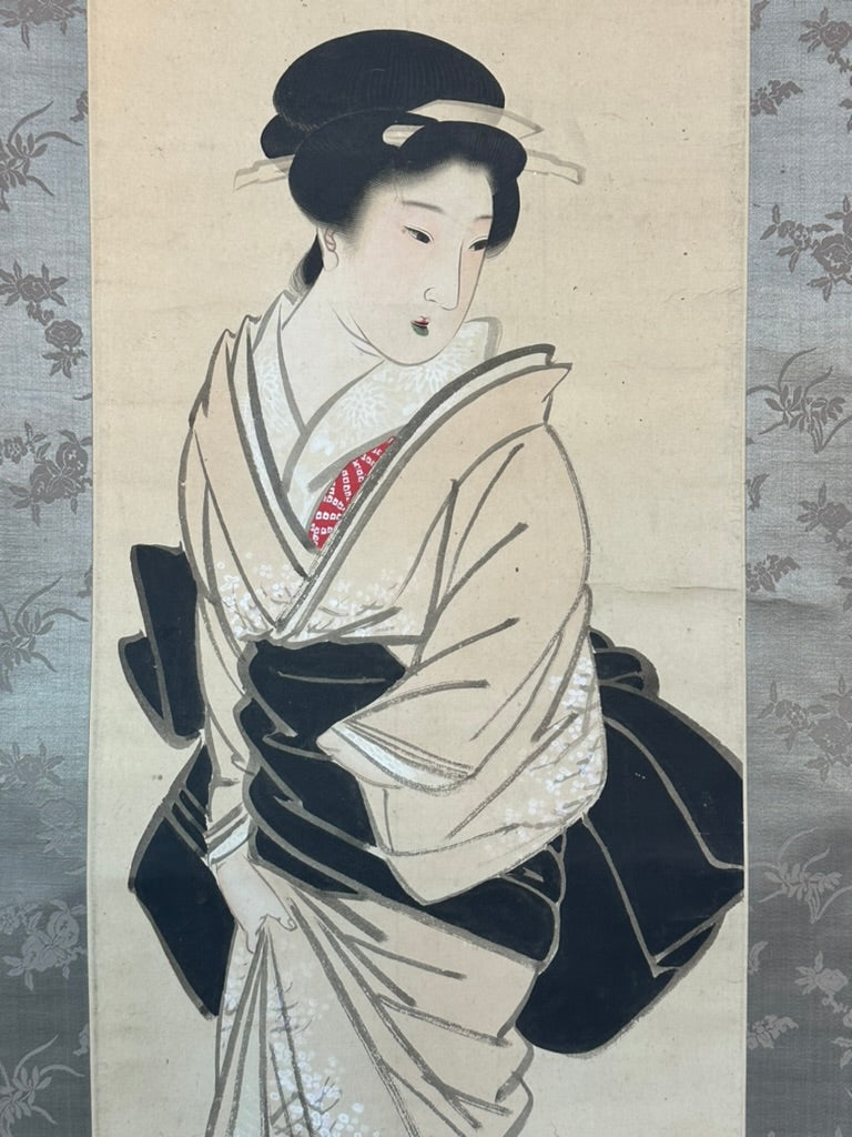 Antique Japanese Kakejiku Bijin-ga Beauty Spider Web Kimono Meiji Taisho Scroll 72"L