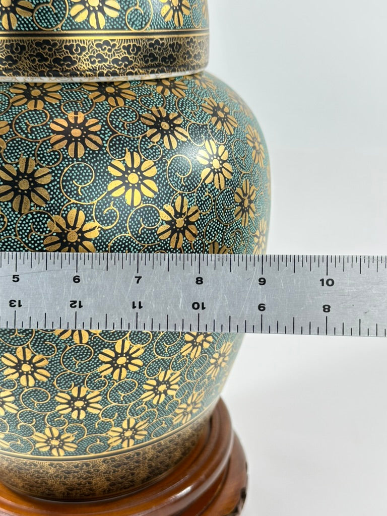 Vintage Kutani Shozan Porcelain Lidded Ginger Jar Green Gold Kiku Hardwood Stand Showa 14.5"
