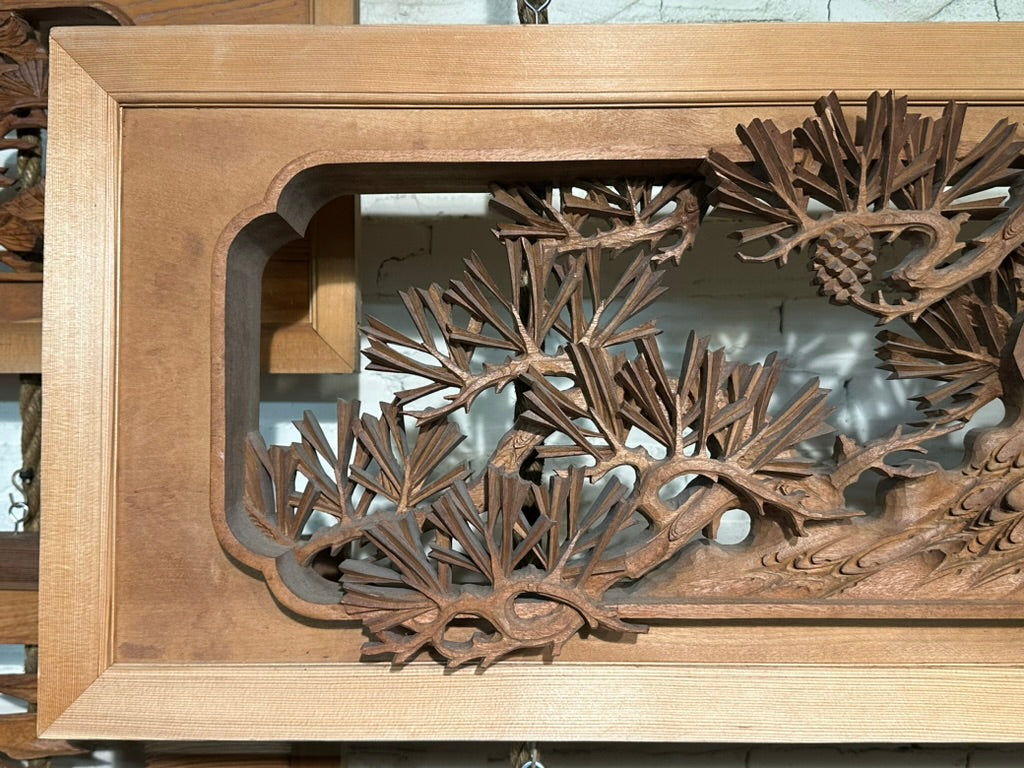 Japanese Inami Chokoku Sugi Wood Ranma Transom Carved Pine Tree Signed Kohō Taisho Showa 72"L