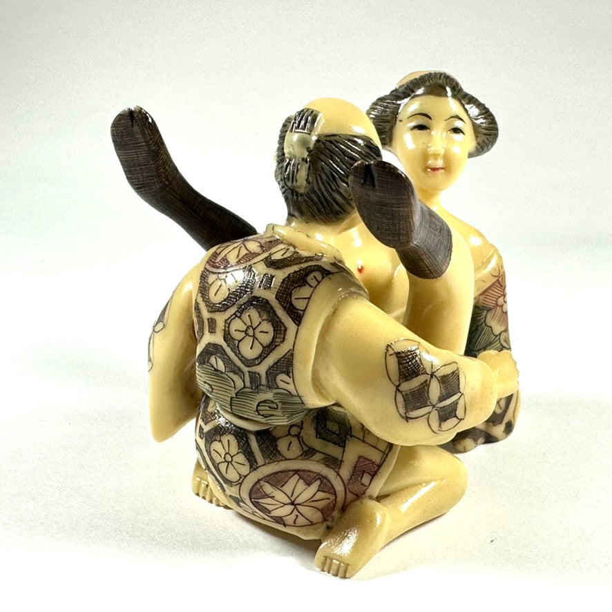 Vintage Japanese Shunga Erotic Figurine Couple Faux-Ivery Resin Hand Painted Showa d