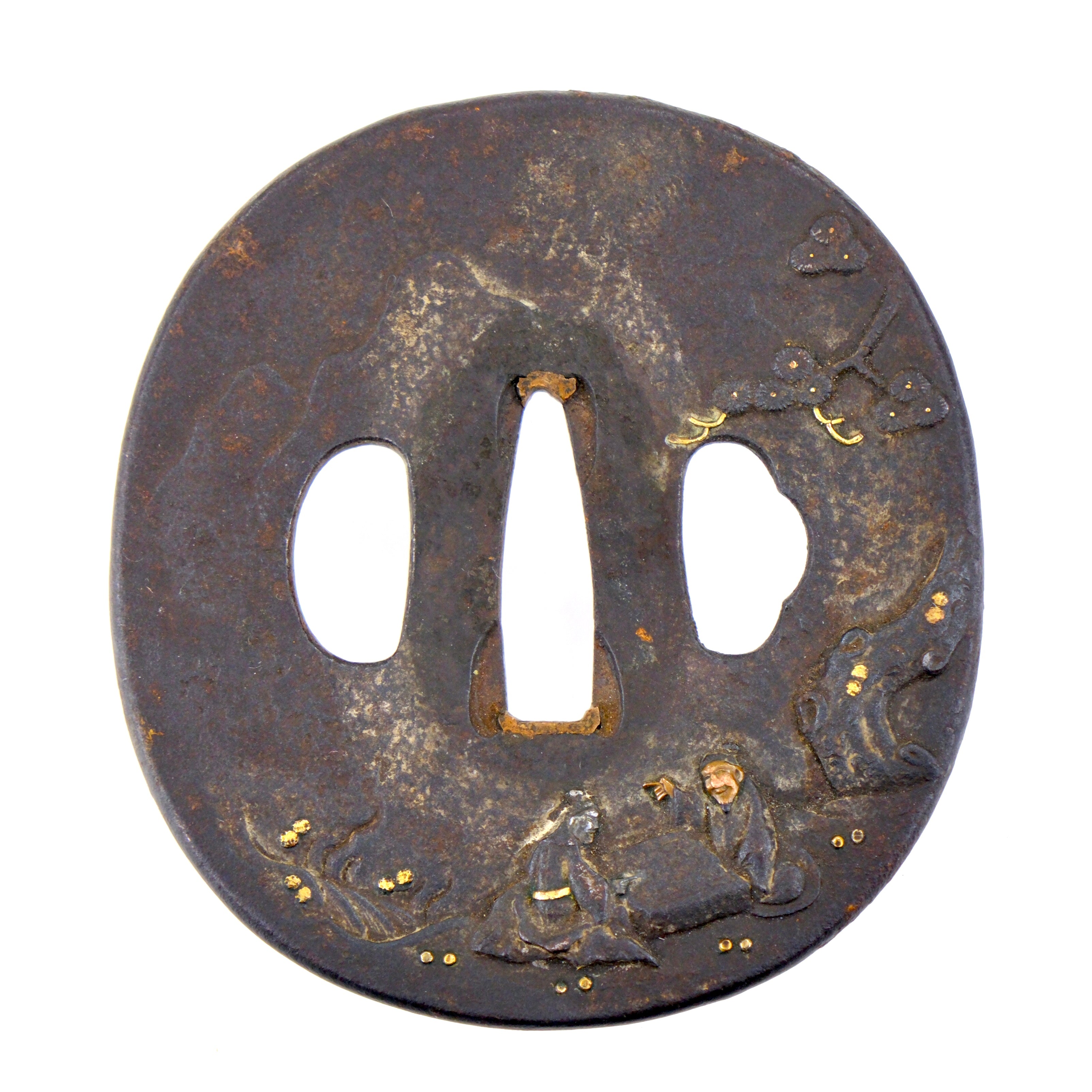 Antique Japanese Samurai Iron Tsuba Sword Hilt Guard Gold Copper Inlay ...