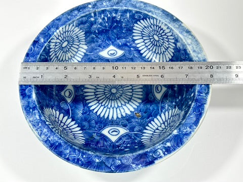 Antique Japanese Imari Sometsuke Blue White Porcelain Bowl Kiku Hanazume Late Edo 19th 8"W