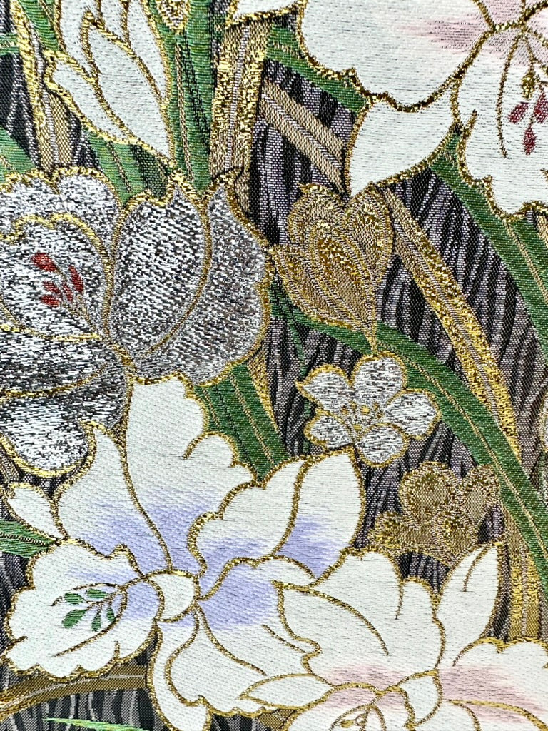 Vintage Japanese Silk Fukuro Obi Gold Foil Orchid Black Ground 13'L
