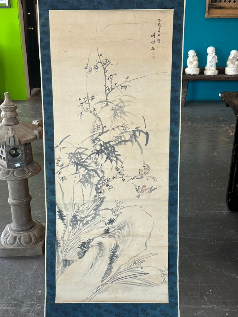 Antique Japanese Kakejiku Hanging Scroll Sparrow Bamboo Prunus Kacho-ga Ink 76"L