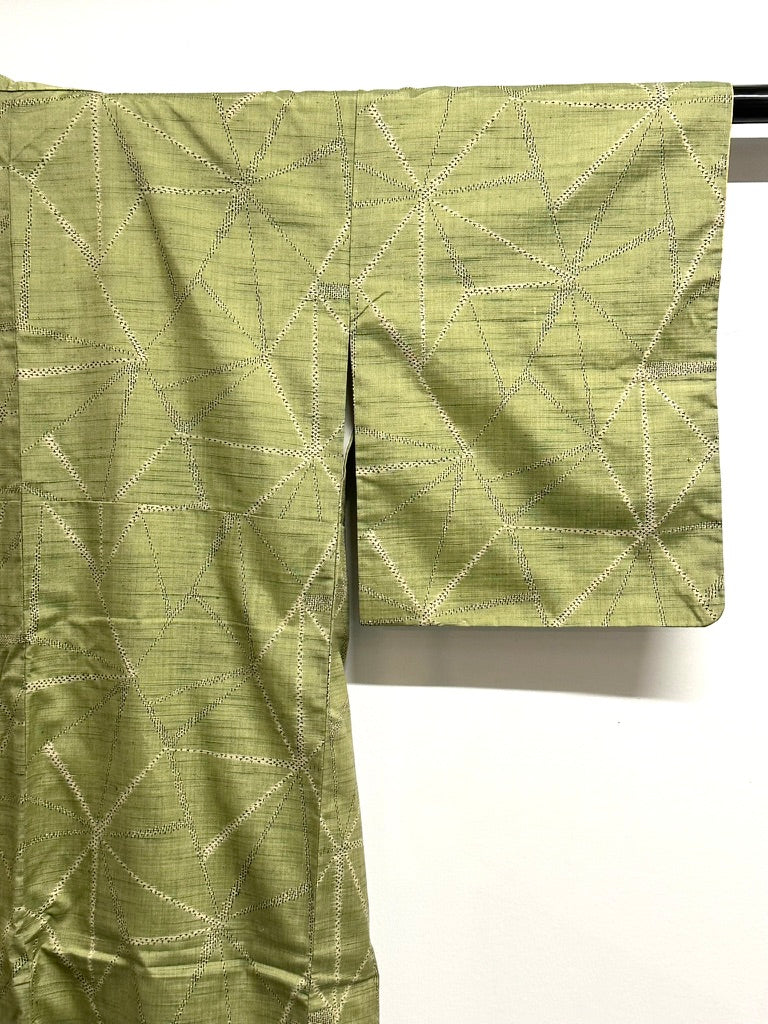 Vintage Japanese Hand Woven Tsumugi Silk Kimono Geometric Diamond Unused Showa