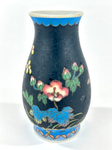 Japanese Meiji Taisho Totai Shippo Ceramic Cloisonne Vase Black Ground Pink Floral 5"H
