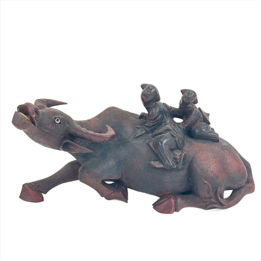 Antique Chinese Hand Carved Wooden Sculpture Buffalo & Children 14”