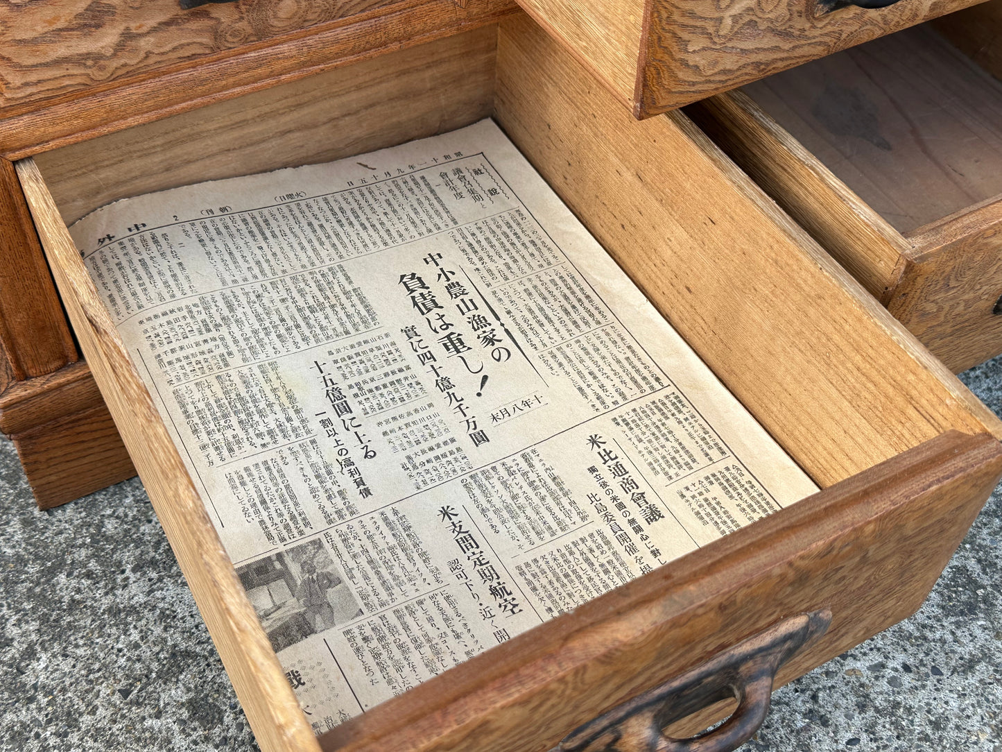 Rare Antique Japanese Keyaki Chadansu c1937 Cabinet Carved Crane & Turtle Finials Persimmon Trim 36"W