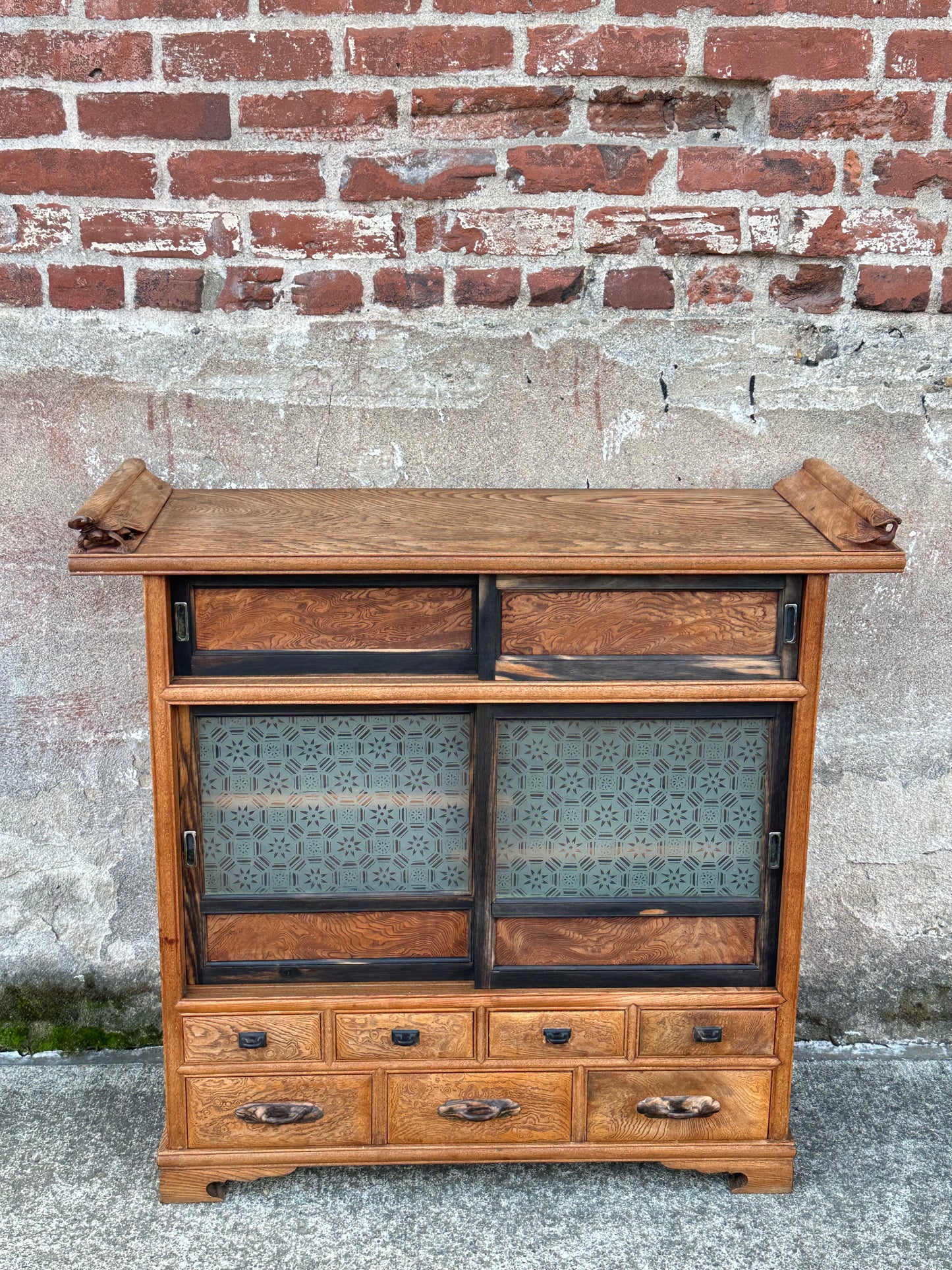 Rare Antique Japanese Keyaki Chadansu c1937 Cabinet Carved Crane & Turtle Finials Persimmon Trim 36"W