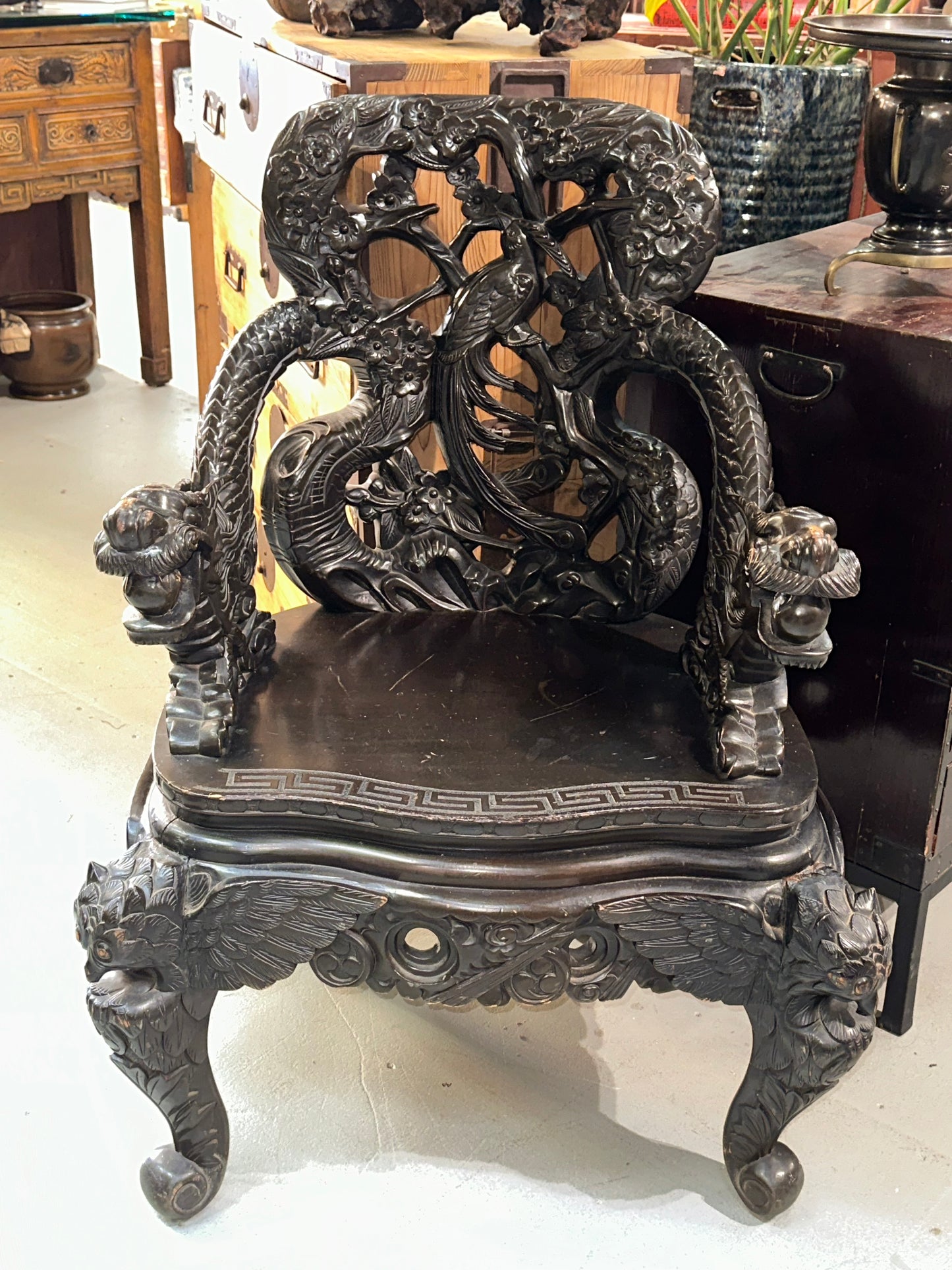 Japanese Dragon-Carved Export Armchair in Sugi Wood Meiji Era, c.1900 18.5" Seat