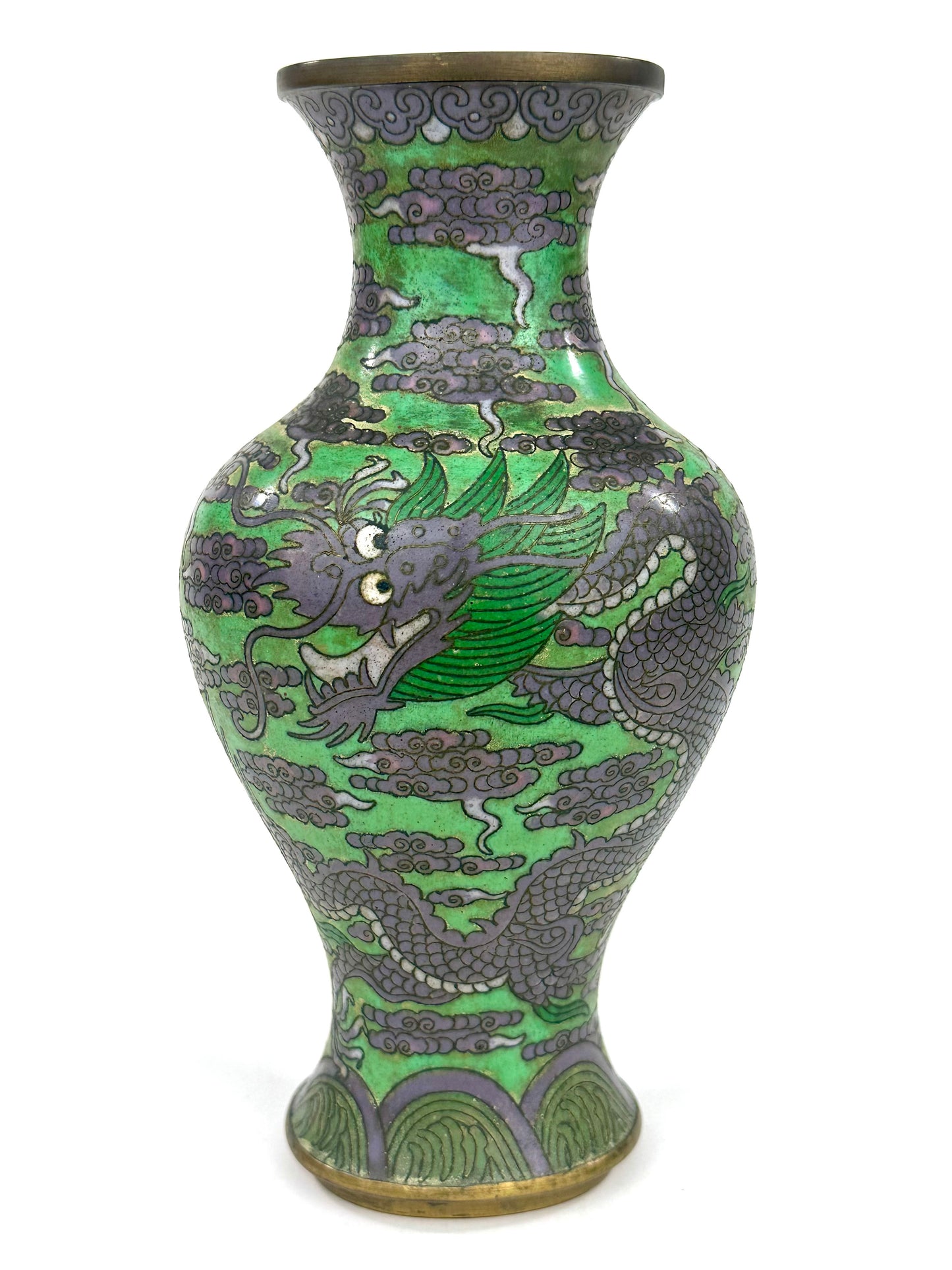 Antique Chinese Late Qing Dynasty (c1910) Cloisonné Vase Emerald Dragon 9”