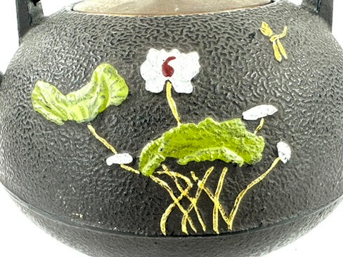 Vintage Japanese Cast Iron Tetsubin Polychrome Lotus Pond Dragonfly Brass Lid Showa 8"W LS#148