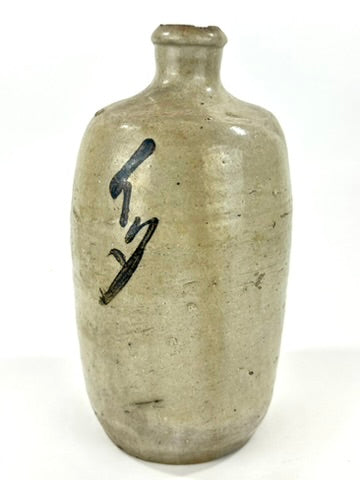 Antique Japanese Edo Period c1800 Grey Glazed Stoneware Tokkuri Sake Jug Iron Black Calligraphy 10"H