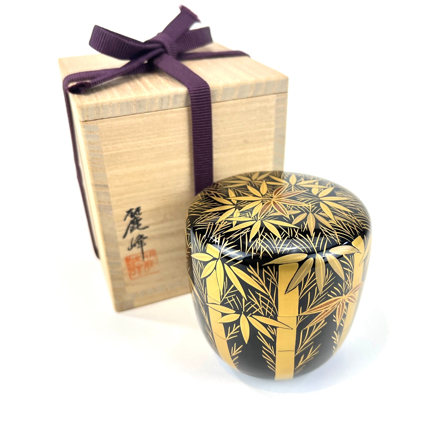Japanese Tea Ceremony Natsume Black Laquer Gold Maki-e Bamboo Grove w/Box 4”