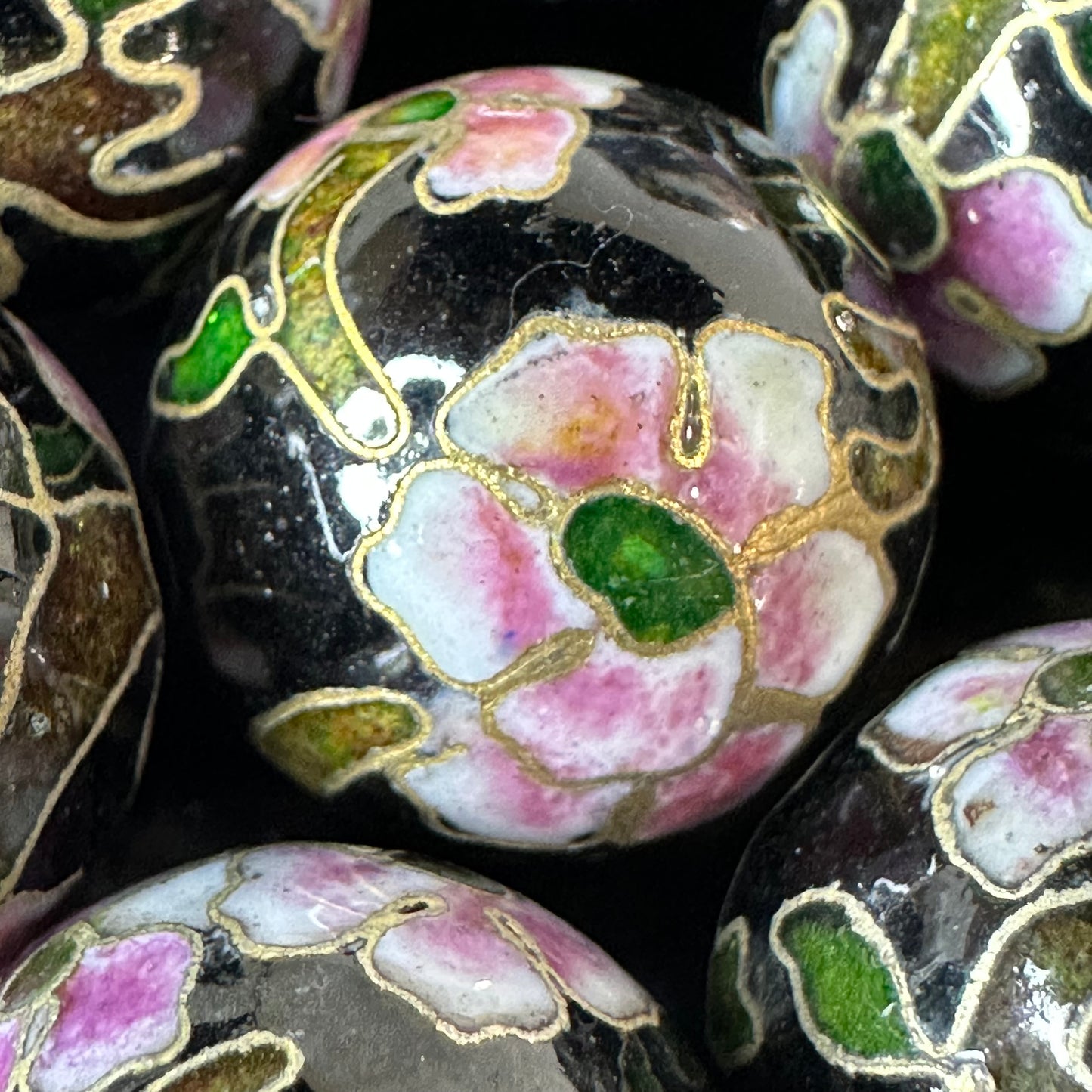 One Vintage Chinese Cloisonne Black & Pink Bead 18mm Glass Enamel Jewelry