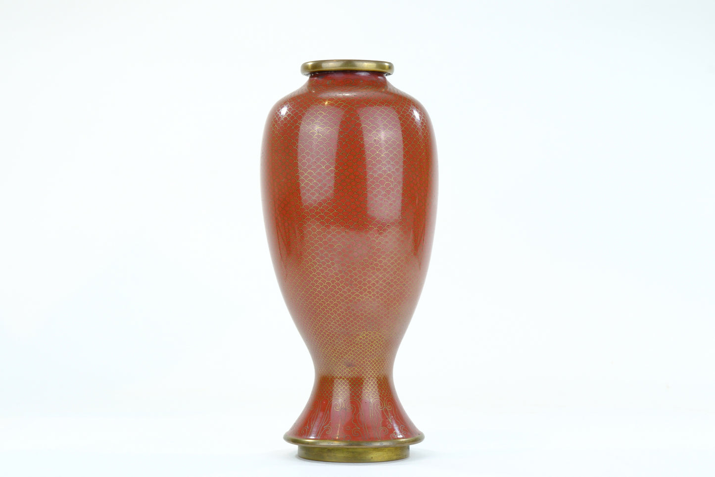 Japanese Meiji Cloisonne Enamel Meiping Vase Oxblood Red Uroko Scale Ground 9"H
