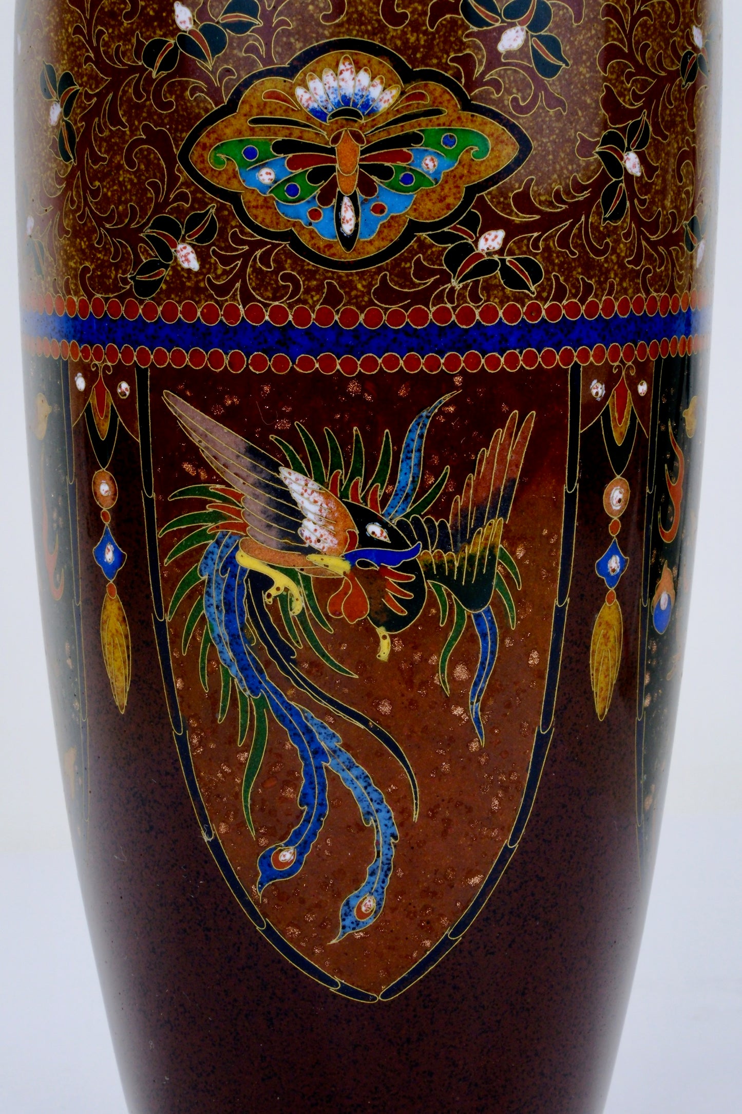 Antique Japanese Meiji Era (c1880) Cloisonné Vase Phoenix & Dragon 8”