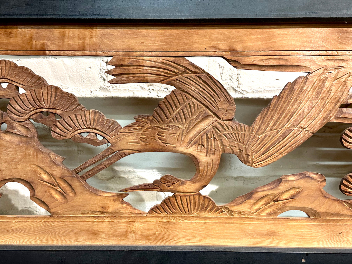 Vintage Japanese Ranma PAIR Cranes & Pines Carved Transom Screen Sugi Wood 67"