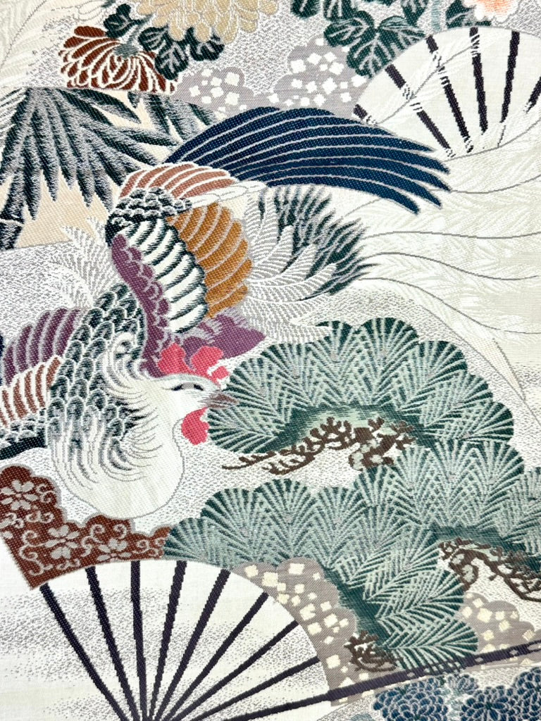 Antique Japanese Silk Maru Obi Taisho Phoenix Fan Chrysanthemum Pine 13'L