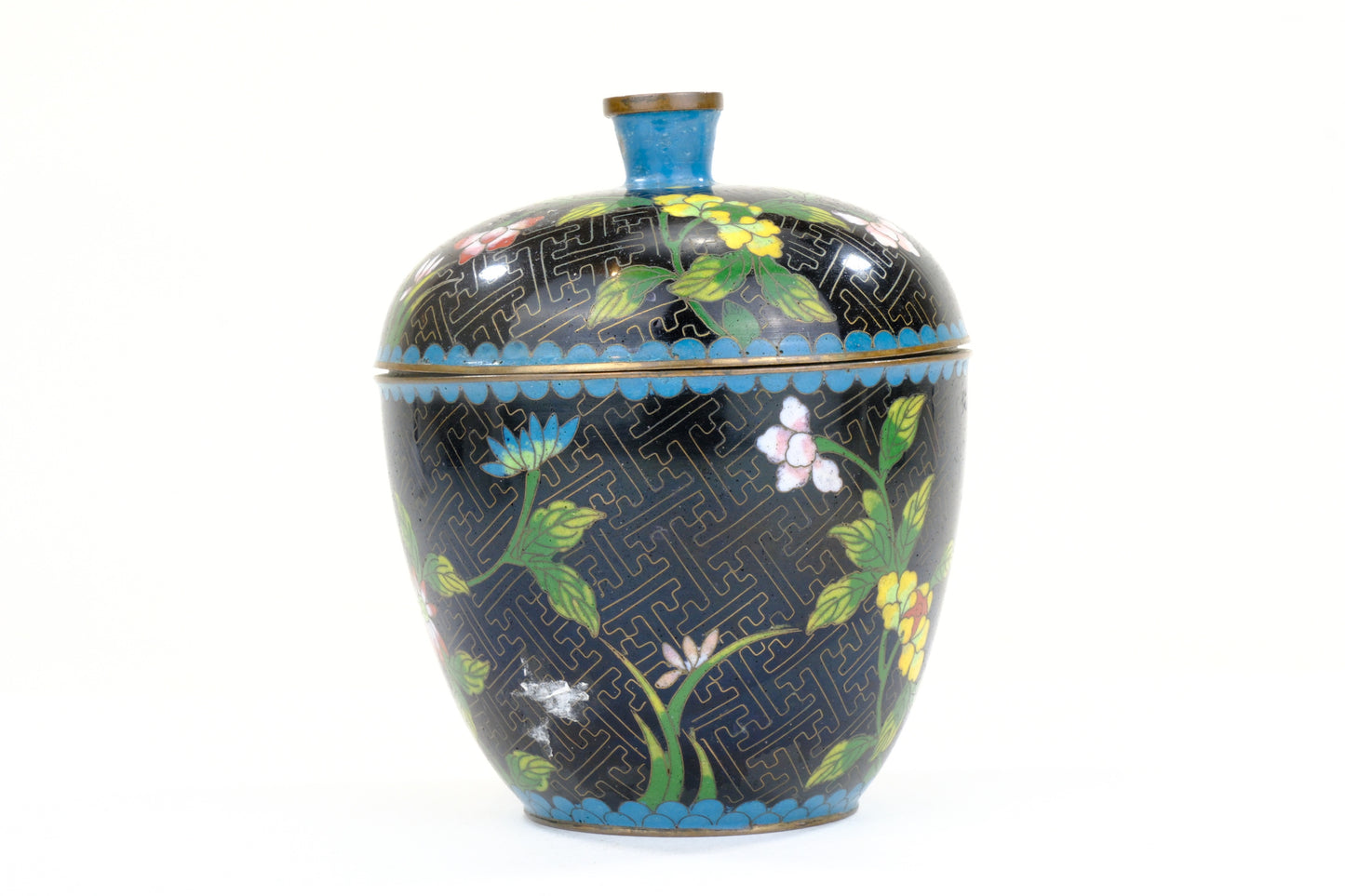 Chinese Cloisonne Enamel Moon Flask Vase Green Black Ground Floral Butterfly Three Feet 5.5"H