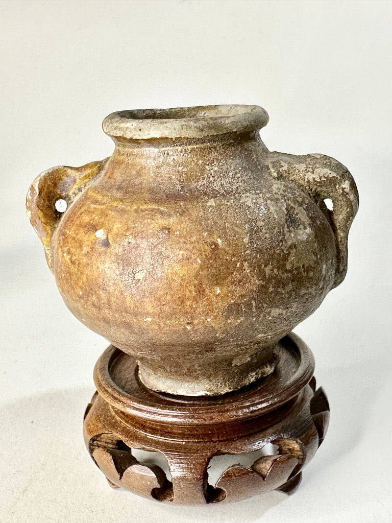 Southeast Asian Stoneware Miniature Jar Double Loop Handles Hardwood Stand 3"H