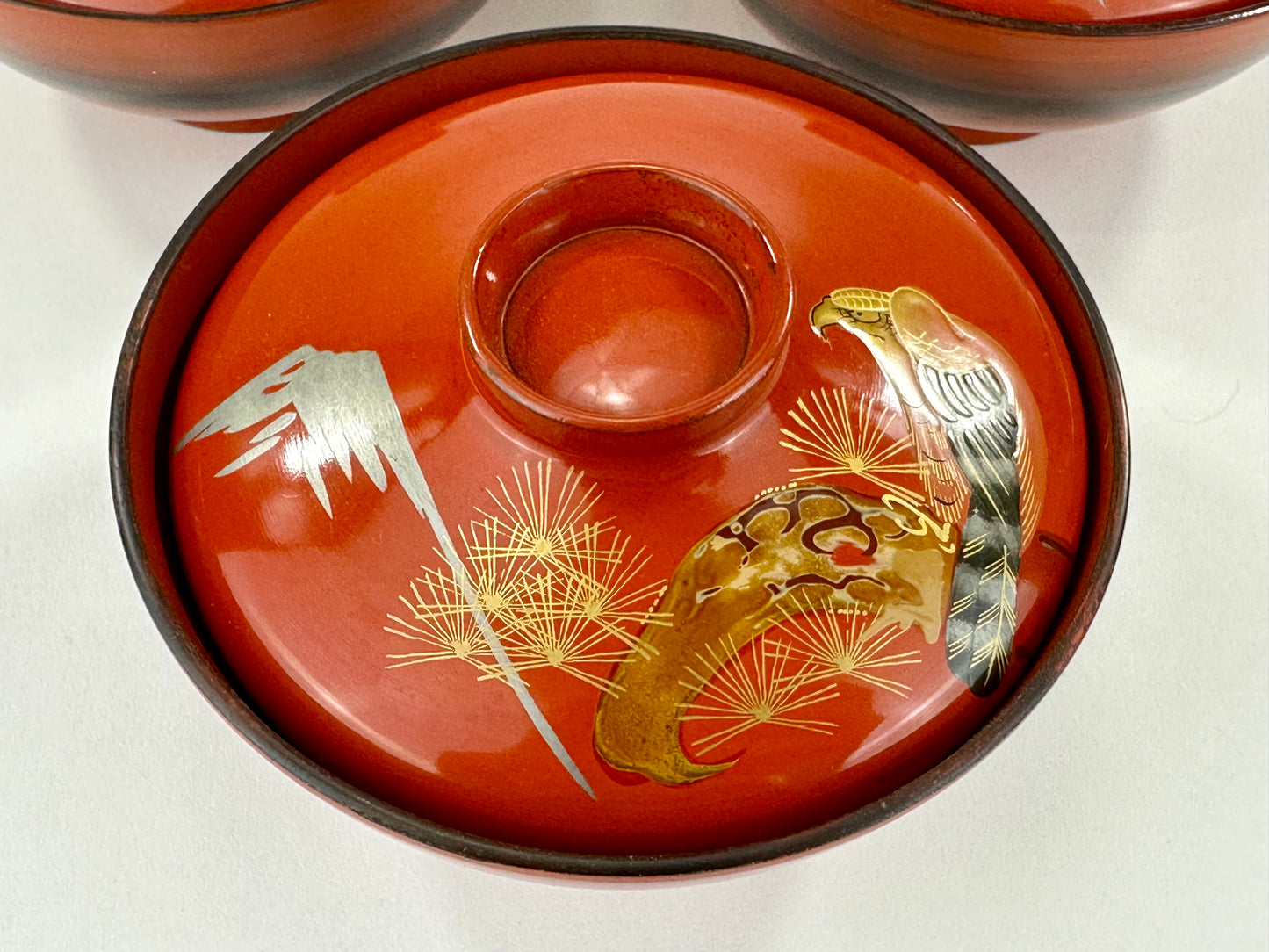 Set of 3 Antique Japanese Meiji Era (c1890's) Red Lacquer Makie Wooden Mt Fuji Hawk Bowl 4.5"