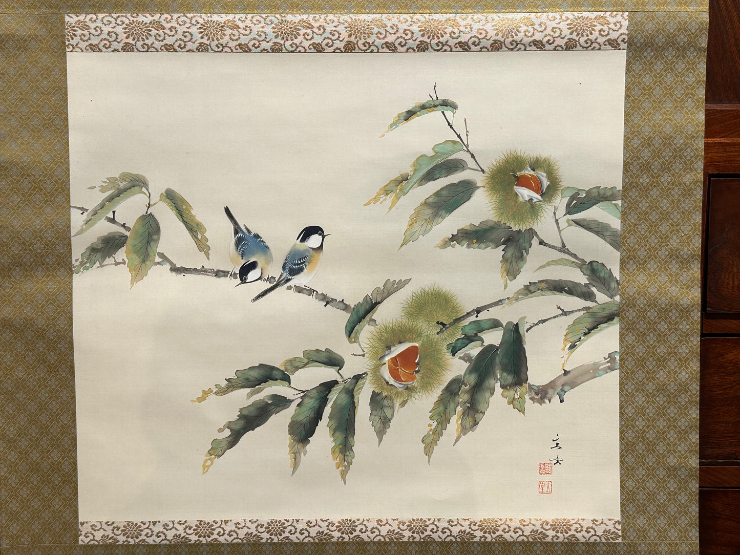 Vintage Japanese Scroll Hand Painted Mid 1900’s Chickadees