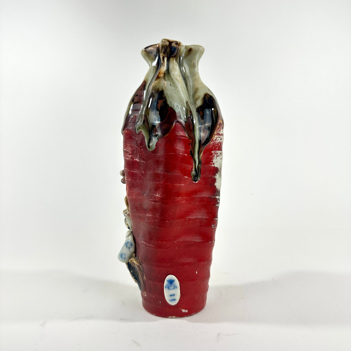Antique Japanese Meiji Era Sumida Gawa Vase Climbing Figures Red Flambe Ishiguro Koko 8.5" LS#088