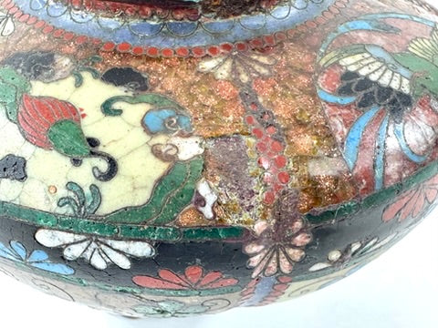 Japanese Meiji Cloisonne Shippo Vase Phoenix Floral Three Feet Red Brown 3"H