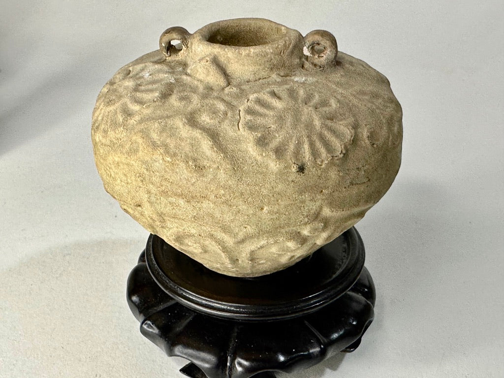 Southeast Asian Unglazed Stoneware Jar Stamped Floral Rosette Decoration Ring Handles Hardwood Stand 3.5"