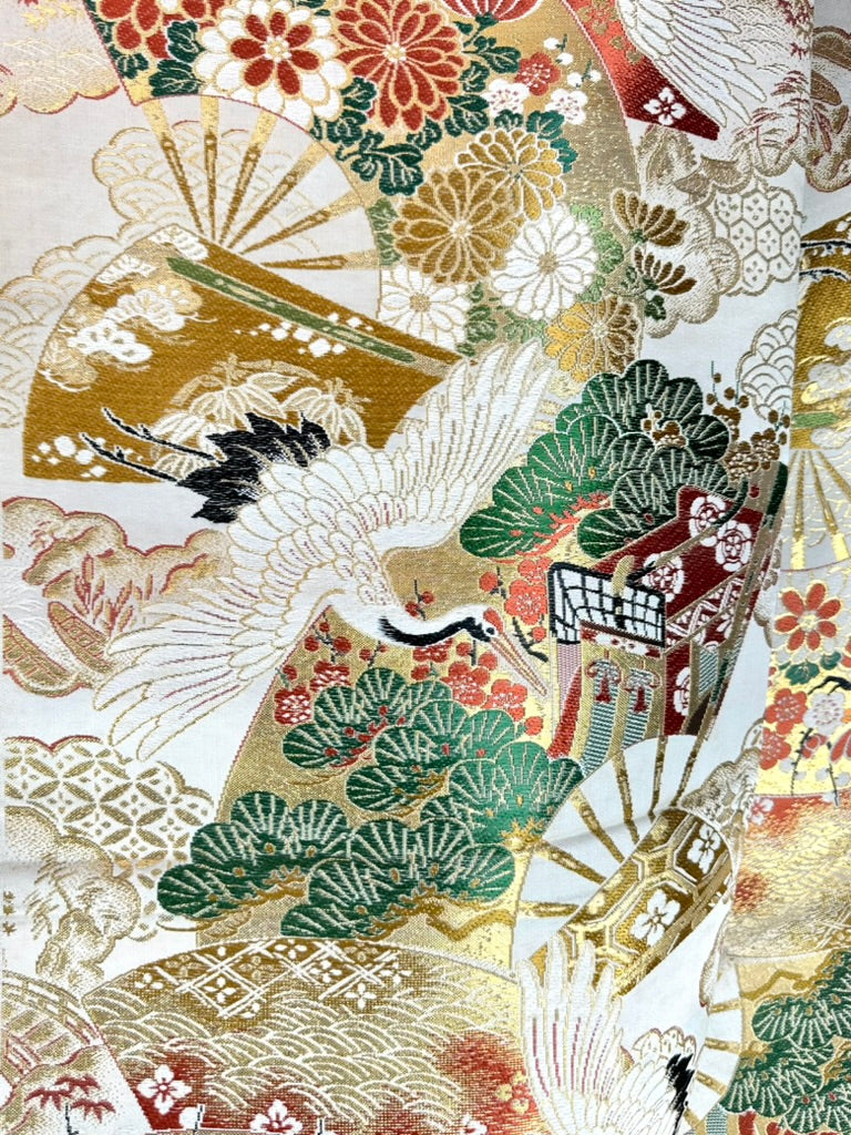 Antique Japanese Silk Maru Obi Gold Brocade Crane Fan Pine Nishijin 13'L